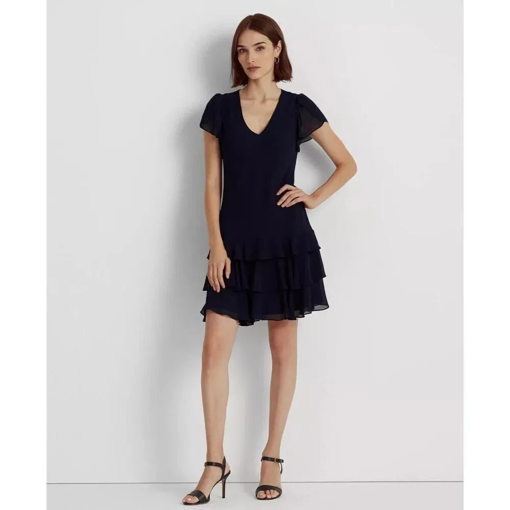 Lauren Ralph Lauren Womens Georgette Dress Size 12 Navy Blue knee length NWT